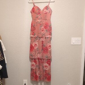 Crystal Doll pink floral sleeveless tiered ruffled maxi dress